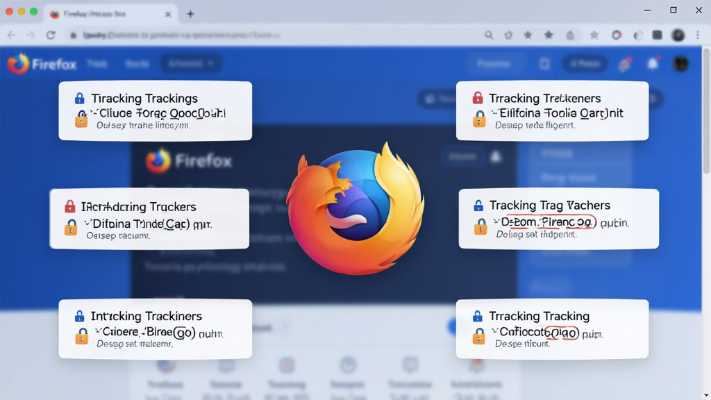 Firefox 标准版浏览器的隐私保护界面截图,画面中央有一个盾牌图标,周围环绕着被拦截的跟踪器列表,背景为模糊的浏览器页面,风格简洁明了,色彩以蓝色和白色为主,画质清晰,干净无多余元素