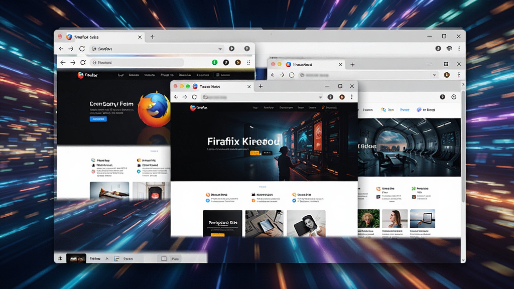 Firefox 标准版浏览器打开多个标签页的界面,每个标签页显示不同的网页缩略图,页面加载速度极快,画面动感,背景为高速运动的光线轨迹,色彩鲜艳,风格科技感强,画质高清,干净无多余元素