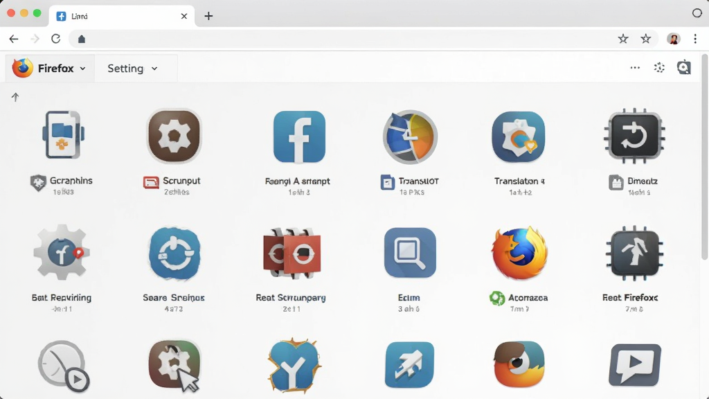 Firefox 标准版浏览器的扩展管理页面,展示各种扩展图标,如广告拦截、截图、翻译等,排列整齐,背景为浅灰色的浏览器设置界面,风格简洁,色彩丰富,画质清晰,干净无多余元素