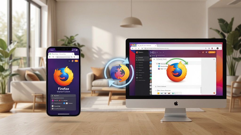 Firefox 标准版浏览器在手机和电脑上同步使用的场景,手机和电脑屏幕均显示Firefox浏览器界面,中间有同步图标,背景为现代简约家居环境,风格温馨,色彩自然,画质高清,干净无多余元素