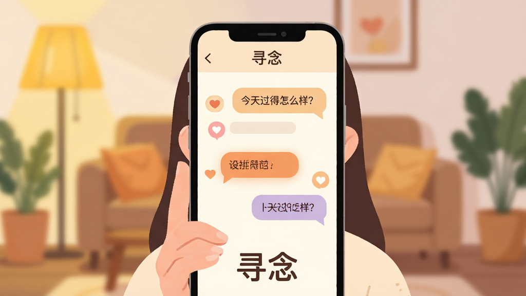 主体:一位年轻女性用户手持手机,屏幕上显示“寻念”应用界面,界面中有温暖的对话气泡和柔和的心形图标。布局:画面中央为手机特写,背景是模糊的温馨客厅场景,暖黄色灯光。排版:手机界面清晰可见,下方配以“寻念”文字标识。风格:扁平化插画风格,色彩以米白、浅橙、淡紫为主,整体温暖治愈。细节:对话气泡中显示“今天过得怎么样?”字样,用户面带微笑,眼神柔和。画质:高清,干净,无多余元素。
