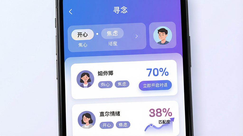 主体:手机屏幕展示“寻念”的智能匹配界面,左侧是用户情绪标签(如“开心”“焦虑”),右侧是推荐匹配的倾听者头像。布局:上下结构,上部为情绪选择栏,下部为匹配卡片列表。排版:卡片式布局,每个卡片显示头像、昵称、情绪标签和匹配度百分比。风格:现代简约,蓝紫渐变主色调,圆角卡片。细节:匹配度百分比以醒目的数字显示,旁边有“立即开启对话”按钮。画质:高清,干净,无多余元素。