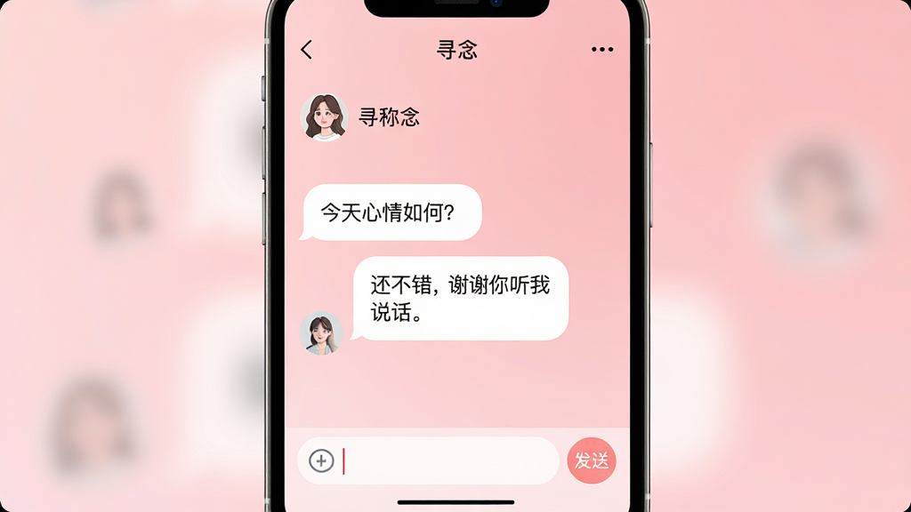主体:一张手机截图展示“寻念”的聊天界面,背景为温柔的渐变粉色。布局:上方为对方头像和昵称,中间为对话气泡,下方为输入框和发送按钮。排版:气泡左对齐,输入框位于底部。风格:清新简洁,圆角气泡,字体清晰。细节:对话内容为“今天心情如何?”“还不错,谢谢你听我说话。”画质:高清,干净,无多余元素。