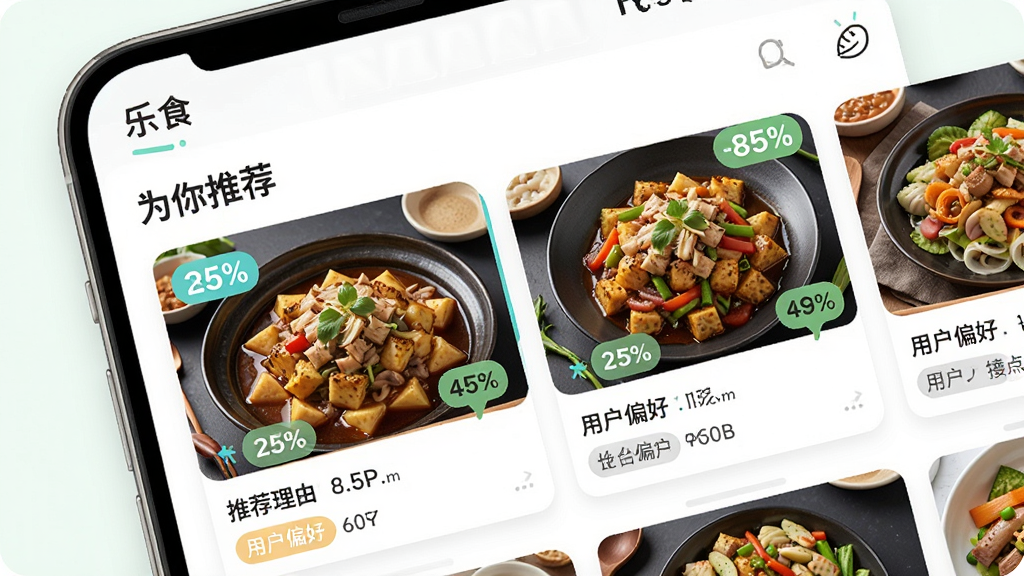 一张展示“乐食”应用智能推荐功能的界面截图,主体为手机界面中“为你推荐”板块,包含多张菜肴大图及匹配度百分比标签,布局为左右滑动卡片式设计,排版活泼,风格清新,细节上突出推荐理由和用户偏好标记,画质通透,干净无多余元素。
