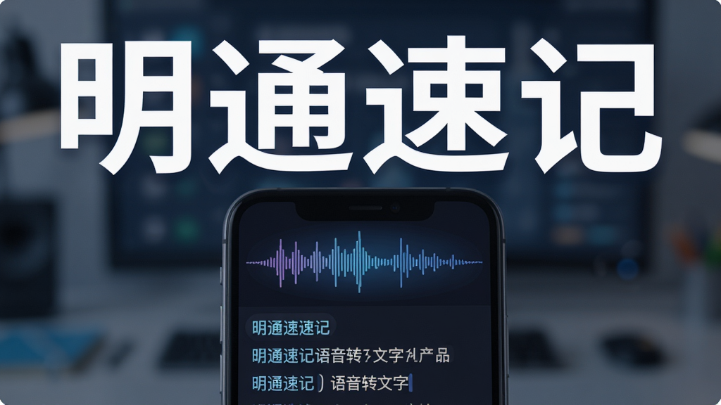 一张展示明通速记语音转文字功能的预览图,画面中手机屏幕显示波形动画和实时转录的文字,背景虚化,突出“明通速记”APP名称,风格科技感,画质高清,布局居中,细节丰富,无多余元素。