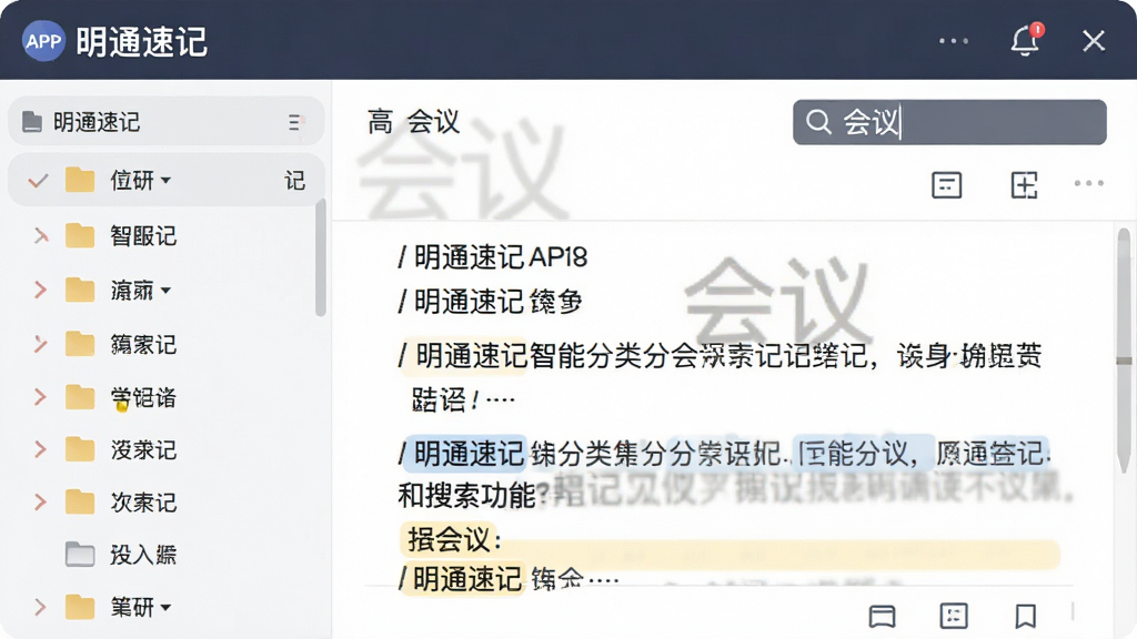 一张展示明通速记智能分类和搜索功能的界面截图,左侧是文件夹列表,右侧是笔记内容预览,搜索框中有“会议”关键词,下方显示高亮匹配结果,整体风格简约商务,画质干净,布局清晰,突出“明通速记”APP名称。