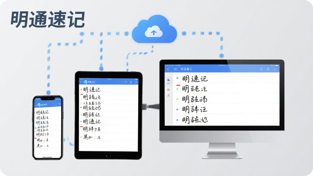 一张展示明通速记多设备同步的示意图,画面中央是手机、平板和电脑三台设备,屏幕上都显示相同的笔记列表,通过云朵图标连接,背景为浅灰色,风格科技感,画质清晰,布局均衡,突出“明通速记”APP名称,无多余元素。