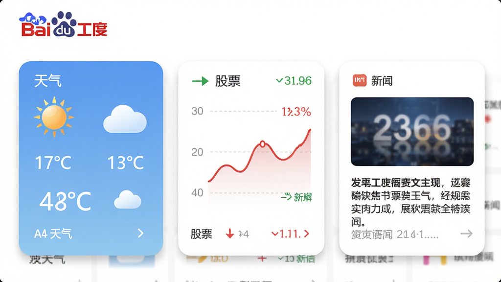 主体:百度工具栏上展示天气、股票、新闻等小工具的卡片。布局:横向排列的卡片,每张卡片显示不同信息。排版:天气卡片显示温度与图标,股票卡片显示涨跌曲线,新闻卡片显示标题。风格:卡片式设计,圆角,带轻微阴影。细节:信息清晰,数字与文字可读。画质:高清,干净,无多余元素。