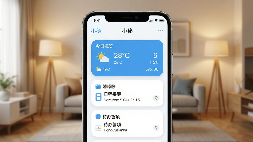 一张手机屏幕特写,屏幕界面显示“小秘”APP的今日概览卡片,包含天气、日程提醒和待办事项,背景是模糊的现代简约客厅,暖色调灯光,界面UI设计扁平化,卡片圆润,主色调为清新的蓝白搭配,文字清晰可见,整体画面干净明亮,手机质感细腻,构图居中,画质高清,无多余元素