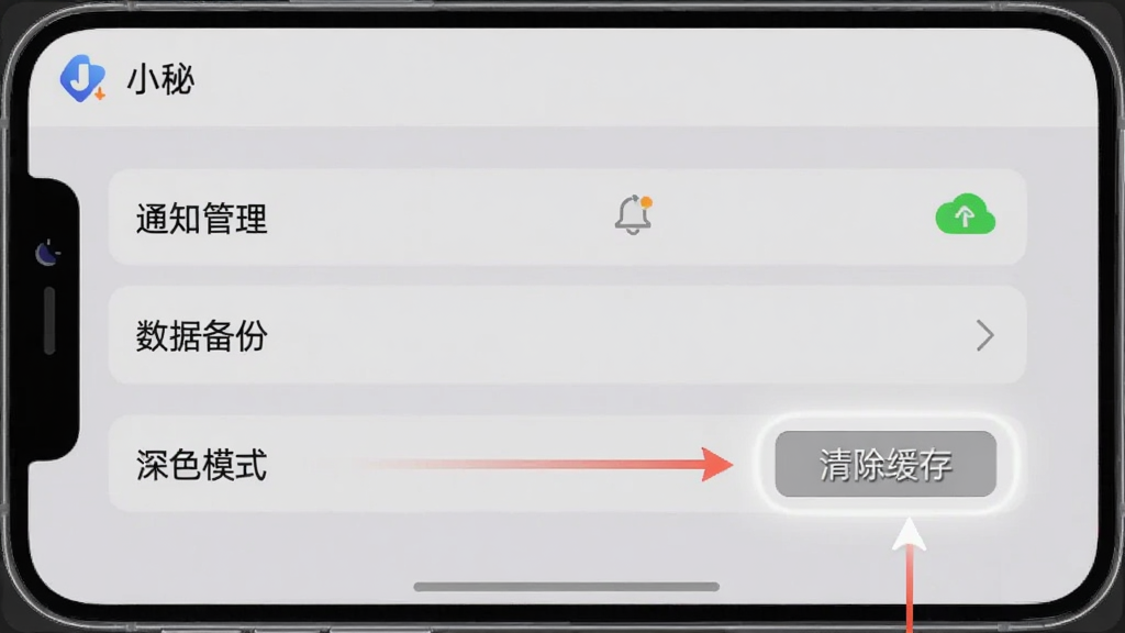 一张手机横屏截图展示“小秘”软件的设置页面,页面有“通知管理”、“数据备份”、“深色模式”等选项,背景是浅灰色的设置界面,局部高亮显示“清除缓存”按钮,模拟用户操作路径,画面简洁,重点突出,无多余元素