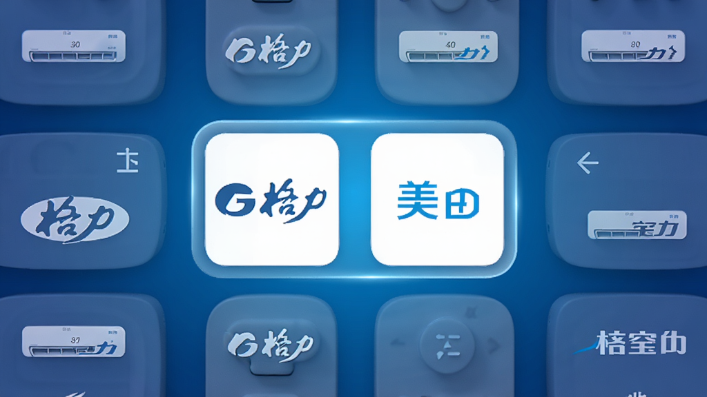 万能管家空调遥控器界面展示着众多空调品牌Logo的网格布局,画面中央高亮显示“格力”与“美的”图标,背景为科技感十足的蓝色渐变,排版整齐有序,风格简洁现代,细节清晰,画质高清,干净无多余元素