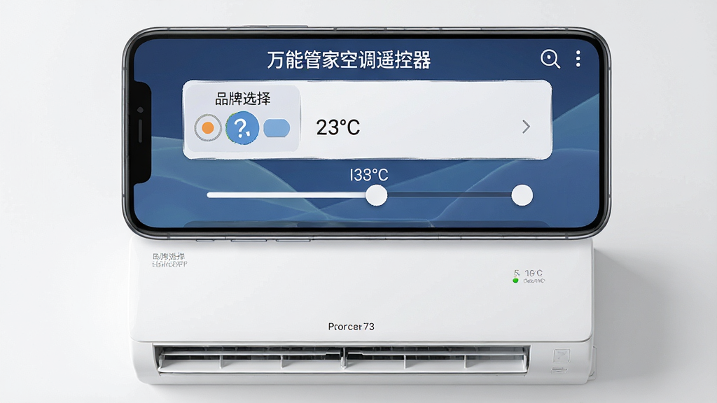 一张智能手机屏幕正显示万能管家空调遥控器主界面的高清特写,屏幕内清晰可见“万能管家空调遥控器”字样、品牌选择列表与温度调节滑块,手机下方放置一台现代家用空调室内机,整体画面明亮简洁,布局居中,采用写实风格,细节丰富,画质细腻,干净无多余元素