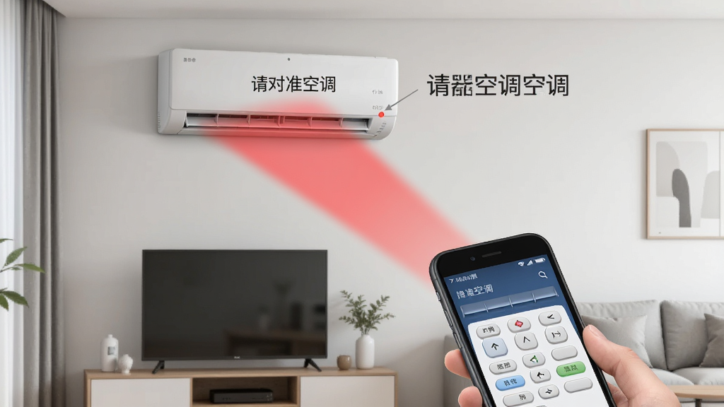 万能管家空调遥控器使用教程示意图,画面展示手机顶部发出红色红外光线对准墙壁空调的场景,界面标注“请对准空调”文字,背景为简约家居环境,构图清晰,风格写实,细节丰富,画质干净