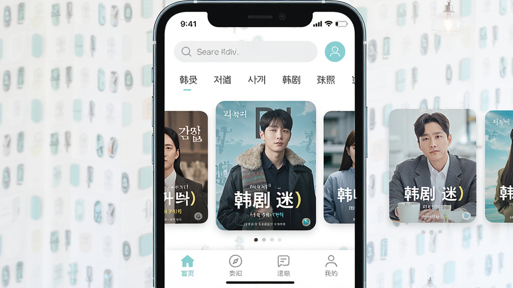 一张现代简约风格的手机应用界面预览图,主体是《韩剧(迷)》APP的首页,顶部有搜索栏和分类标签,中间是精美的韩剧海报轮播图,底部是功能导航栏。整体布局清晰,排版美观,采用扁平化设计风格,色彩以韩系小清新色调为主,细节丰富,画质高清,干净无多余元素。