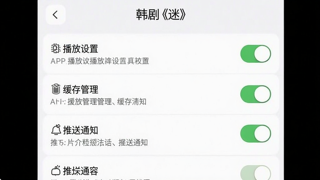 一张展示《韩剧(迷)》APP设置界面的截图,主体是各种设置选项列表,如“播放设置”、“缓存管理”、“推送通知”等。布局清晰,排版整齐,风格简约,细节上能看到开关按钮和提示文字,画质干净,无多余元素。
