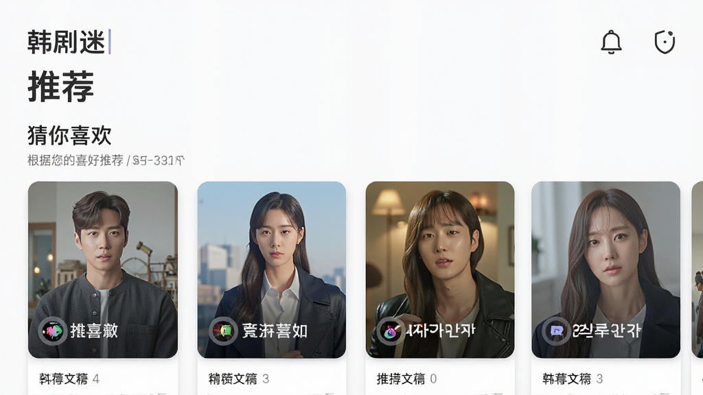 一张《韩剧(迷)》APP的“推荐”页面截图,主体是“猜你喜欢”栏目,以卡片式横向滑动布局展示推荐剧集。排版流畅,风格简约,细节处有“根据您的喜好推荐”的文字说明,画质清晰,整体色调柔和,干净无多余元素。