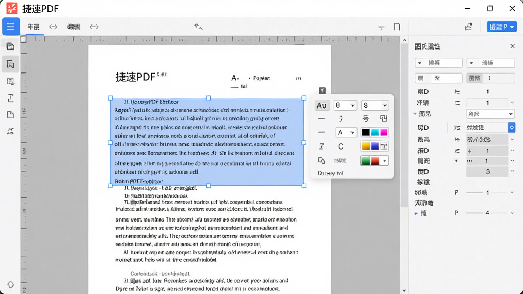 捷速PDF编辑器工具操作界面截图,画面中央展示正在编辑的PDF文档,文字区域被蓝色高亮框选中,旁边浮现出字体、字号、颜色等编辑工具栏,右侧显示图片属性设置面板,整体布局清晰,风格现代,画质高清干净。