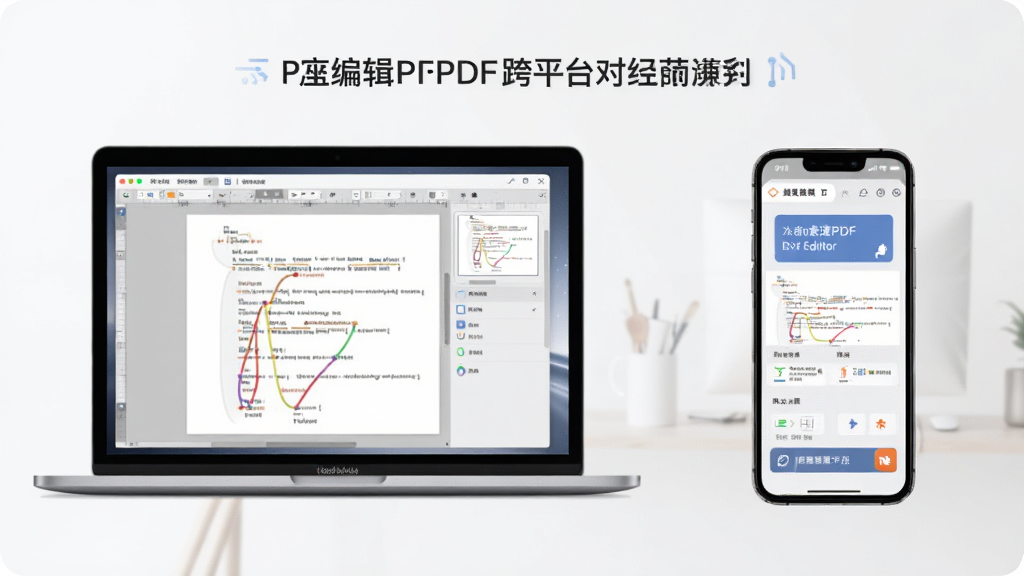 一张关于捷速PDF编辑器工具在电脑和手机两种设备上运行的对比图,左侧为笔记本电脑显示编辑界面,右侧为手机显示移动端操作界面,背景整洁,风格现代,画质清晰,突出跨平台使用的便捷性。