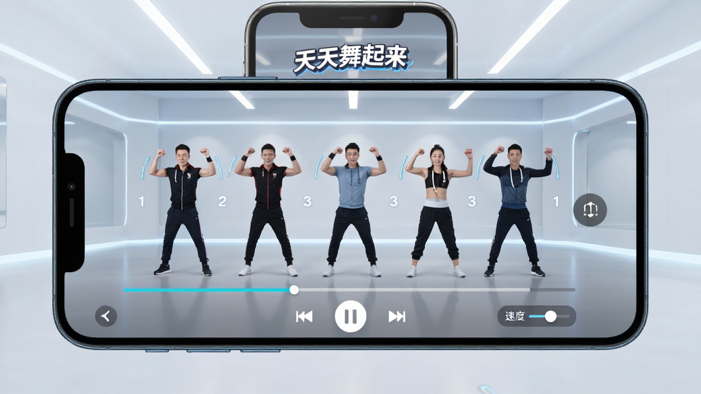 手机屏幕展示“天天舞起来”的慢动作播放界面,画面中教练动作被分解为多帧,周围有进度条和速度调节按钮,背景简洁,科技感风格,画质高清,干净无多余元素