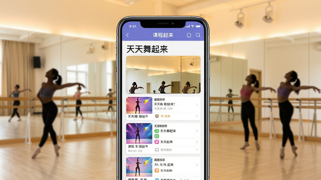 画面中央展示手机界面,界面显示“天天舞起来”App的课程列表,背景是明亮简洁的舞蹈室,有镜子与把杆,暖色调灯光,整体布局清爽,人物剪影点缀,风格写实清晰,画质高清干净无多余元素