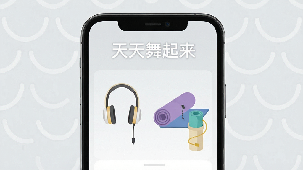 手机竖屏显示“天天舞起来”使用指南页面,背景为简洁的浅灰色,图片中包括手机、耳机、瑜伽垫等元素,风格扁平化,画质清晰,无多余元素