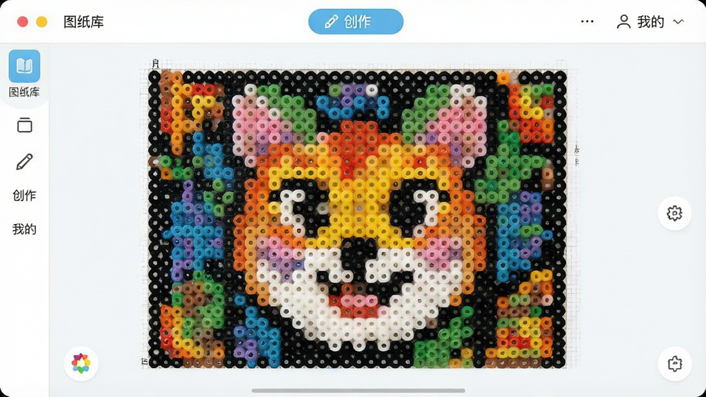 一张展示拼豆图图软件主界面的高清截图,界面风格清新明亮,中央展示着一幅色彩斑斓的拼豆成品图,周围环绕着“图纸库”、“创作”、“我的”等清晰的功能按钮,整体布局简洁大方,画质细腻,干净无多余元素,突出软件的专业与易用。