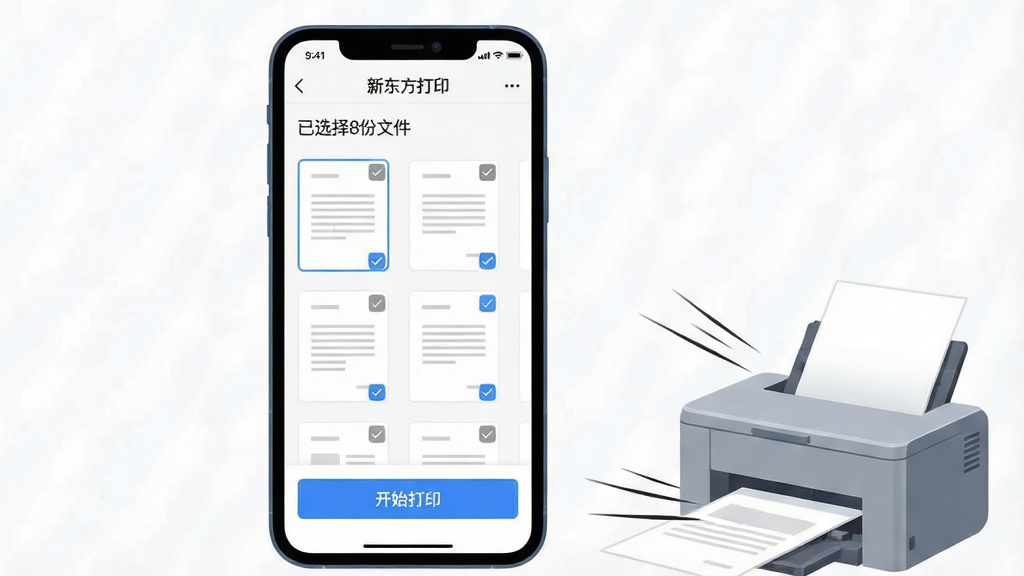一张动态功能演示图,主体是手机屏幕展示“新东方打印”APP的批量打印界面,屏幕上显示多份文档缩略图并带有勾选标记,底部有蓝色“开始打印”按钮,旁边有一台打印机正在吐出纸张的动态效果,布局为手机居中、打印机位于右下角,排版简洁直观,风格为扁平化插画风,细节包括纸张飞出时带有速度线、屏幕上方显示“已选择8份文件”,画质清晰明亮,干净无多余元素
