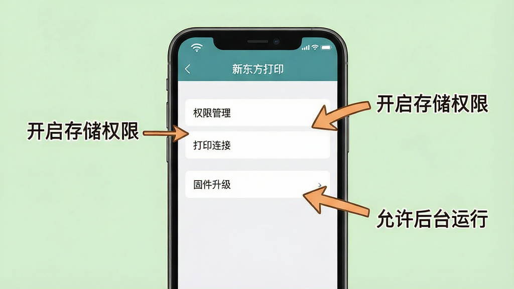 一张手机操作教程示意图,主体是手机屏幕显示“新东方打印”APP的设置页面,页面中有“权限管理”、“打印连接”、“固件升级”等选项,旁边用箭头标注“开启存储权限”和“允许后台运行”的提示文字,布局为手机居中,箭头指向关键位置,排版清晰易懂,风格为教程插画风,细节包括屏幕顶部状态栏显示Wi-Fi图标、背景为淡绿色,画质高清,干净无多余元素