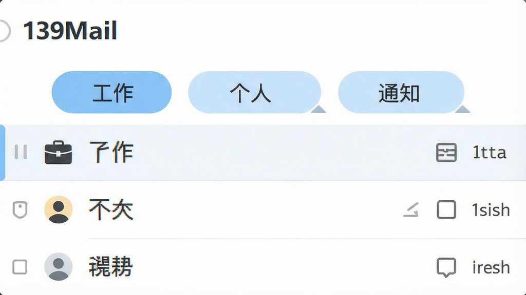 主体:139Mail的邮件分类界面。布局:收件箱上方显示分类标签页,如“工作”、“个人”、“通知”,下方为邮件列表。排版:分类标签采用横向排列的胶囊样式,点击可切换不同分类。风格:清新简洁,背景为白色,标签使用浅蓝色填充,文字为深色。细节:邮件列表中的每封邮件左侧有类型图标,如公文包代表工作,人像代表个人。画质:高清,干净,无多余元素。
