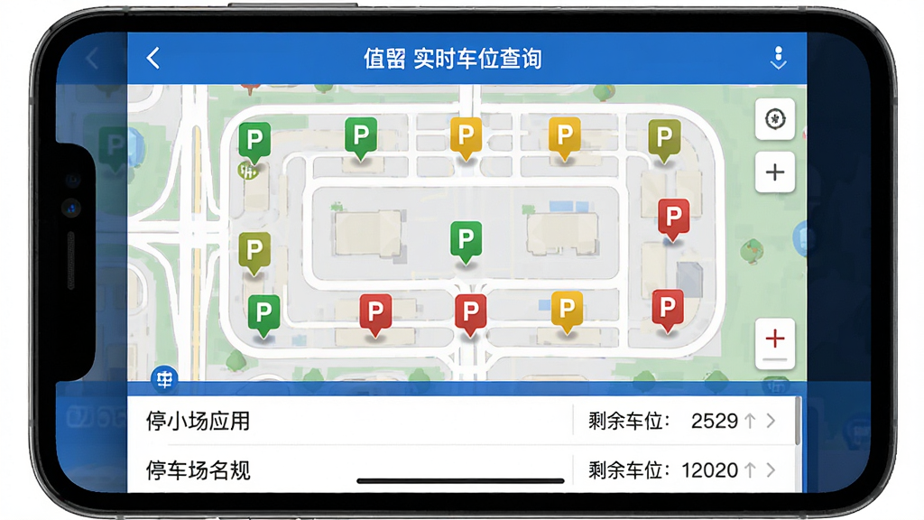 停小帮应用实时车位查询功能界面截图,地图上分布着多个停车场图标,分别显示绿色、黄色、红色状态,底部列表展示停车场名称和剩余车位数量,界面清晰明了,蓝色主题,画质干净,无多余元素