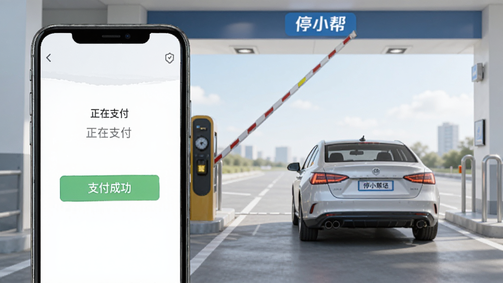 停小帮应用车辆出场无感支付场景示意图,手机屏幕上显示“正在支付”和“支付成功”的提示,背景为停车场出口道闸抬起,车辆顺利通过,画面明亮简洁,突出软件名称“停小帮”,画质干净,无多余元素