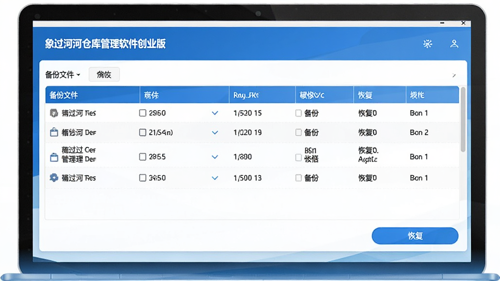 象过河仓库管理软件创业版数据备份界面,展示备份文件列表,有备份、恢复按钮,界面简单清晰,蓝白风格,画质干净,无多余元素
