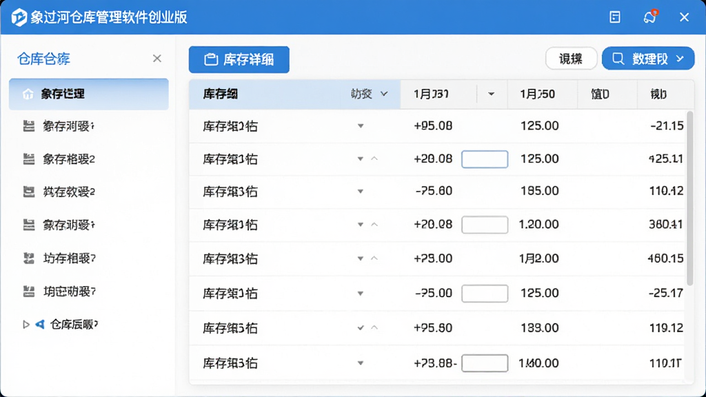 象过河仓库管理软件创业版多仓库管理界面,左侧仓库列表,右侧库存明细,可切换不同仓库,展示库存数量,界面简洁,信息明确,蓝白配色,画质干净,无多余元素