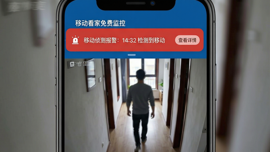 主体:手机通知栏弹出“移动看家免费监控”的报警推送,背景是监控画面中有人走动的动态模糊效果。布局:手机屏幕上方显示报警横幅,下方是被监控的走廊画面。排版:报警横幅上写着“移动侦测报警:14:32 检测到移动”,下方画面中有一个人影。风格:简洁直观,科技蓝与警示红搭配。细节:报警横幅有“查看详情”按钮,画面中人物轮廓清晰可辨。画质:高清,干净,无多余元素。