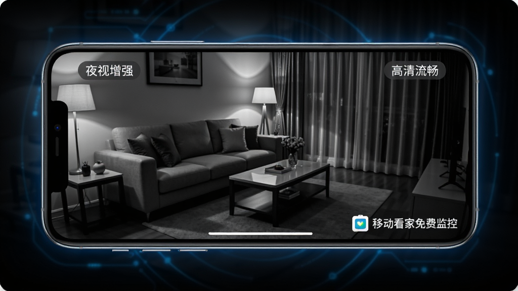 主体:一部手机横屏显示“移动看家免费监控”的夜间监控画面,画面中客厅开着夜灯,沙发和茶几清晰可见。布局:手机屏幕占据画面中央,四周有微弱的蓝色科技光效。排版:屏幕中显示“夜视增强”和“高清流畅”字样标签。风格:写实与科技感结合,色调偏暗但细节丰富。细节:画面右下角有“移动看家免费监控”的logo水印,夜视模式下的画面呈现黑白但边缘锐利。画质:高清晰度,干净,无多余元素。
