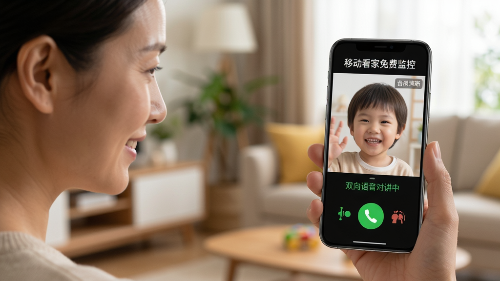 主体:一位家长拿着手机对着屏幕说话,屏幕中“移动看家免费监控”显示孩子笑着回应。布局:前景是家长手持手机,背景是虚化的家居环境。排版:手机屏幕上显示“双向语音对讲中”的绿色通话标识。风格:温馨家庭风,光线柔和自然。细节:家长表情温柔,屏幕中的孩子挥手,画面有“音质清晰”的小字提示。画质:高清,干净,无多余元素。