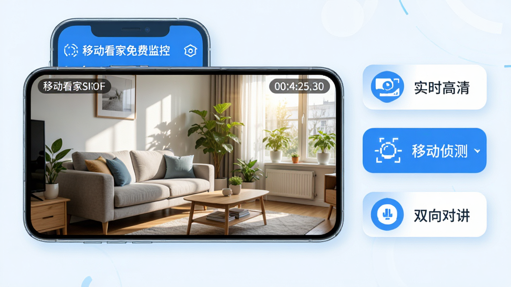 主体:一部智能手机屏幕中显示“移动看家免费监控”的实时监控画面,画面里有清晰的客厅场景,角落有日期时间水印。布局:手机居中偏左,右侧悬浮显示“实时高清”、“移动侦测”、“双向对讲”等图标按钮。排版:手机屏幕画面占据视觉中心,功能按钮环绕排列。风格:扁平化科技感,蓝色与白色为主色调,明亮通透。细节:画面中客厅有沙发、绿植,窗外阳光洒入,监控画面流畅无卡顿。画质:4K超清,干净,无多余元素。