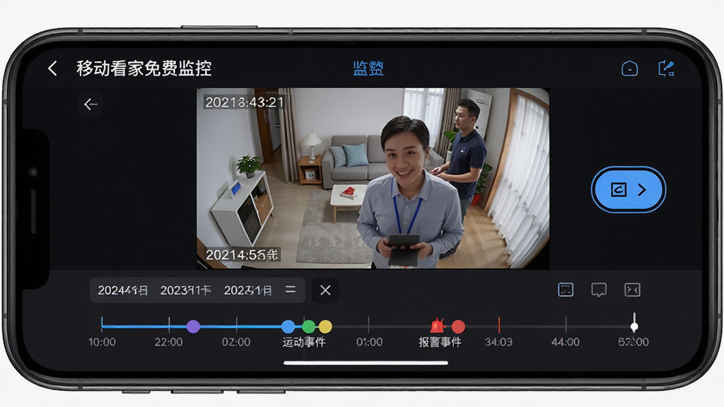 主体:手机屏幕显示“移动看家免费监控”的录像回放界面,时间轴上有几个彩色标记。布局:屏幕上方是视频画面,下方是日期选择器和时间轴。排版:时间轴上标注“运动事件”和“报警事件”。风格:专业监控软件界面风格,深色背景。细节:视频画面中有日期时间水印,回放按钮高亮。画质:高清,干净,无多余元素。