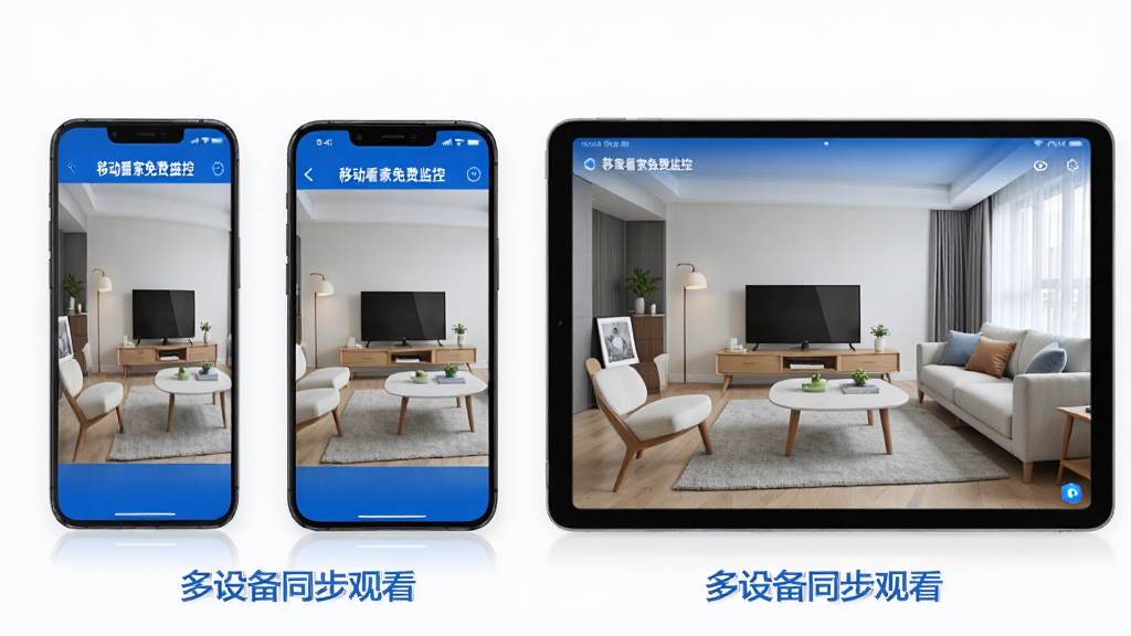 主体:两部手机和一台平板同时显示“移动看家免费监控”的同一监控画面,画面中是客厅场景。布局:三台设备并排摆放,屏幕内容一致。排版:每台设备屏幕下方有“多设备同步观看”的字样。风格:现代简约,蓝白配色。细节:三台设备屏幕中的客厅画面完全同步,无延迟图标。画质:高清,干净,无多余元素。