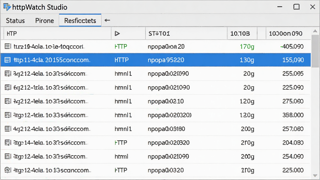 HttpWatch Studio请求列表界面,展示多条HTTP请求记录,包含状态码和耗时列,表格风格清晰,蓝色高亮选中行,干净无多余元素,高画质