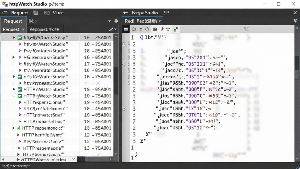 HttpWatch Studio内容查看器,展示HTTP响应体,左侧为请求列表,右侧为格式化JSON数据,代码高亮,干净无多余元素,高画质