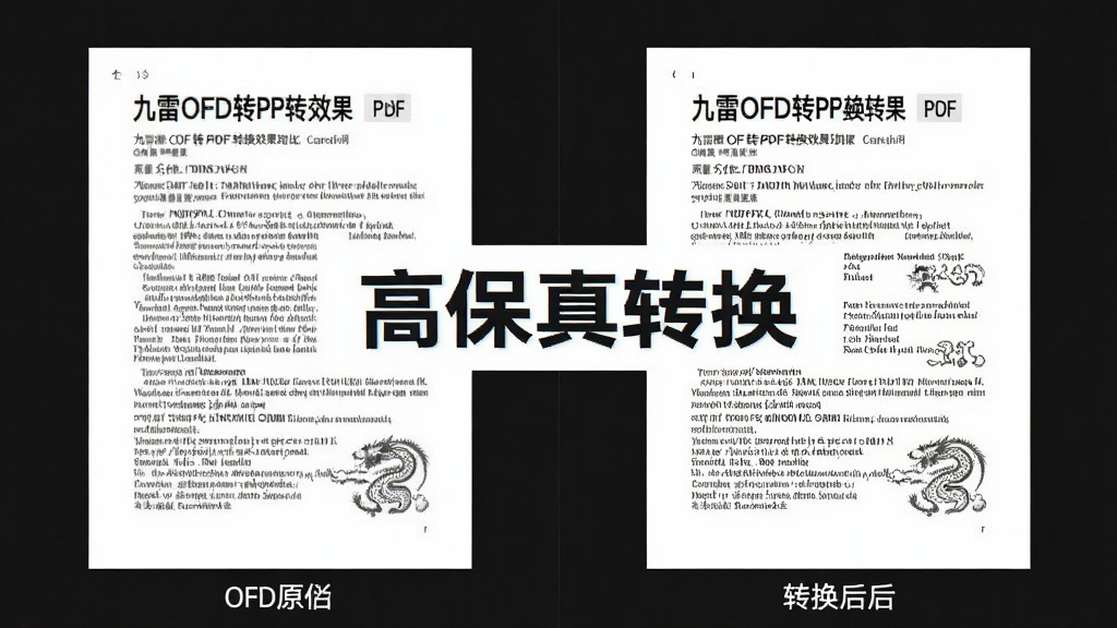九雷OFD转PDF转换效果对比图,左侧为OFD原文件,右侧为转换后的PDF文件,两者排版完全一致,细节清晰,风格为对比展示,画质高清,文字标注
