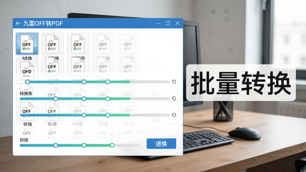 九雷OFD转PDF批量转换功能展示,界面中同时选中多个OFD文件,点击转换按钮后,所有文件依次完成转换,进度条显示完成状态,背景为办公桌面,风格写实,画面清晰,文字标注