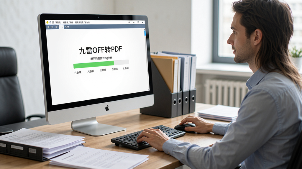 九雷OFD转PDF使用场景图,用户正在电脑前操作软件,屏幕上显示转换进度,办公桌上摆放文件,风格写实,画质清晰,无多余元素