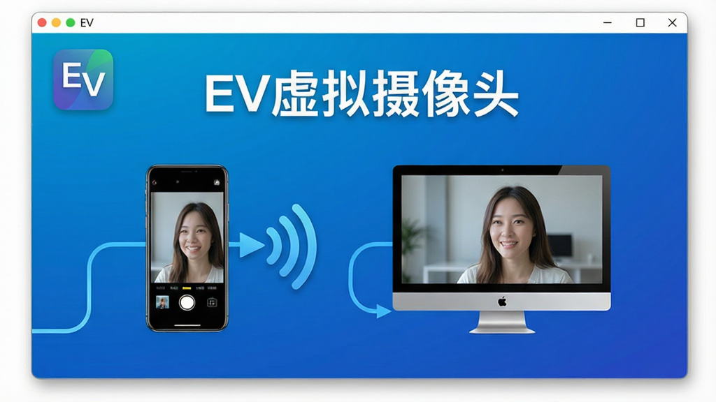 主体:EV虚拟摄像头软件界面,一款电脑软件窗口,中心展示手机与电脑无线连接的示意图,手机屏幕显示摄像头画面,电脑屏幕同步显示相同画面,两者通过无线信号连接,画面中标注“EV虚拟摄像头”字样。布局:主视觉居中,背景为科技感蓝色渐变,界面简洁干净,突出软件名称与核心功能。排版:软件名称置于画面上方,下方为设备连接示意图,整体层次分明。风格:现代简约科技风,色彩明亮,细节丰富。细节:包括清晰的软件图标、流畅的线条连接、手机与电脑屏幕上的视频画面预览,画面清晰无噪点。画质:高清渲染,干净,无多余元素。