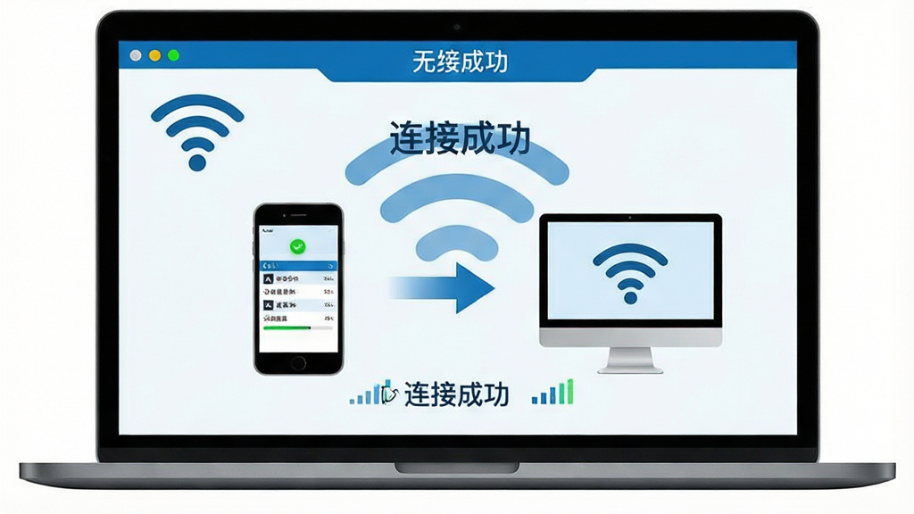 主体:EV虚拟摄像头软件截图,展示无线连接成功的界面,手机与电脑屏幕画面同步,背景为Wi-Fi信号图标,界面显示“连接成功”状态。布局:界面居中,Wi-Fi图标置于左上角,手机与电脑图标左右对称,中间以箭头表示数据传输。排版:清晰的功能分区,状态信息醒目显示。风格:科技蓝调,简洁明了。细节:包括连接状态指示灯、设备名称列表、信号强度指示条,画面干净整洁。画质:高清,干净,无多余元素。