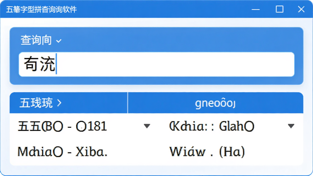 五笔字型拼音查询器软件主界面截图,显示一个简洁的查询框,输入汉字后下方展示五笔编码和拼音结果,界面以蓝白配色为主,布局清晰,风格现代,画质干净,无多余元素
