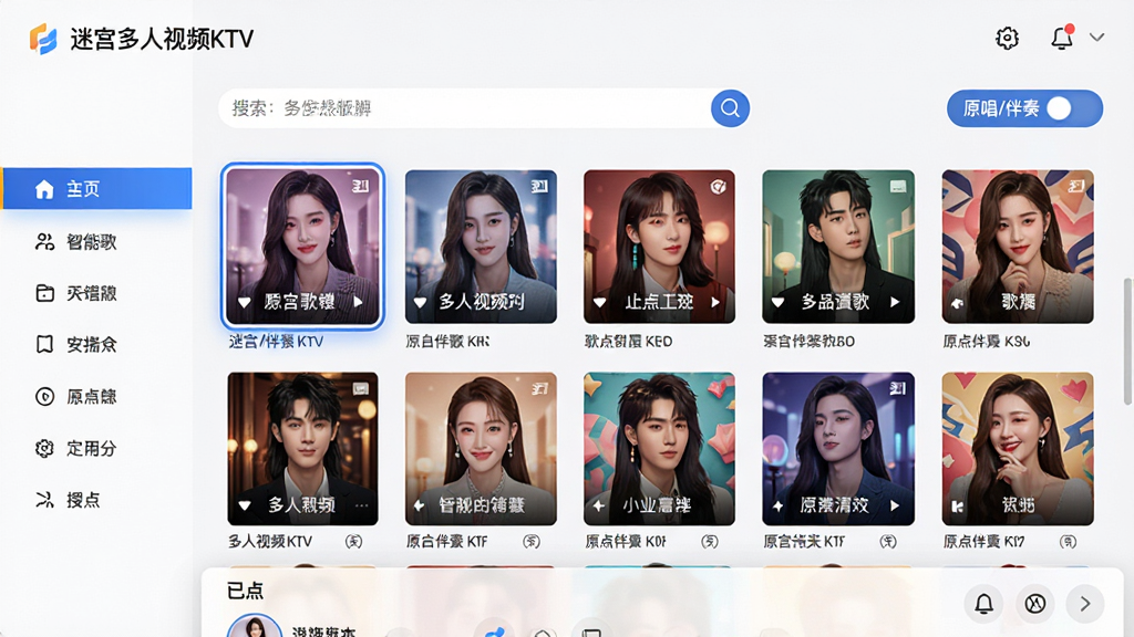 主体:“迷宫多人视频KTV”的智能点歌界面,展示歌曲列表与搜索框。布局:上方是搜索栏,下方是歌曲封面列表,左侧为分类导航。排版:列表清爽,封面图大小一致,文字信息清晰。风格:简洁时尚,色彩明快。细节:当前选中歌曲有高亮背景,右上角显示“原唱/伴奏”切换按钮,屏幕下方有“已点”列表。画质:高清细腻,界面干净无多余元素。