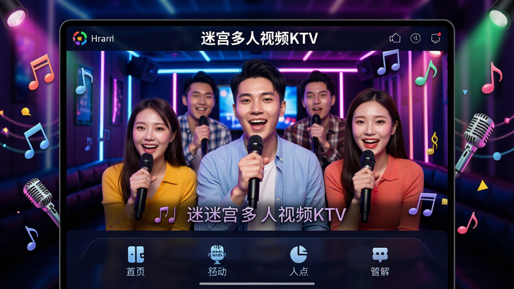 主体:一款名为“迷宫多人视频KTV”的软件界面展示,屏幕上显示多人视频唱歌的画面,人物头像清晰、表情愉悦。布局:主视觉居中,四周环绕音符、麦克风、彩色灯光等元素,下方是功能菜单栏。排版:界面简洁现代,图标排列整齐,颜色鲜艳明亮。风格:科技感与娱乐感结合,动感时尚。细节:画面中的人物手持麦克风,背景是KTV包厢的霓虹灯光,屏幕上歌词滚动。画质:高清细腻,色彩饱和度高,干净无多余元素。