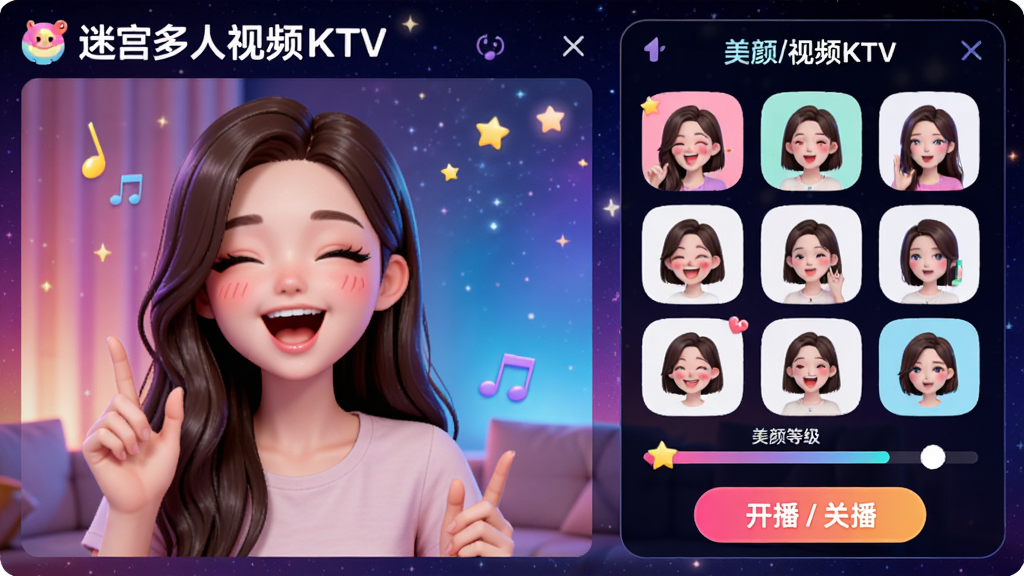 主体:“迷宫多人视频KTV”的美颜特效展示,一位用户正在使用虚拟形象唱歌。布局:左侧是实时视频预览,右侧是特效选择面板。排版:预览画面居中,特效图标以网格排列,底部有“开播/关播”按钮。风格:可爱、活泼,色彩鲜明。细节:虚拟形象跟随用户表情动作变化,屏幕上有“美颜等级”滑动条,背景是渐变星空。画质:高清,细节丰富,干净无多余元素。